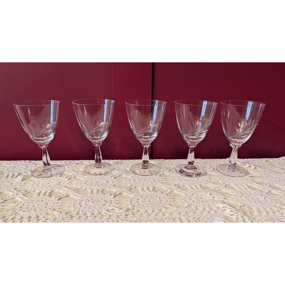 Fostoria; 5 Etched Wheat Crystal Cordial/Wine Approx. 6" Tall & 3.25" Dia.